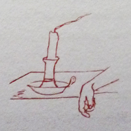 small illustration of a limp hand on a table and candle just blown out