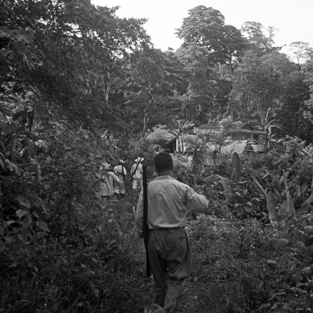 men hiking approaching cabin in jungle