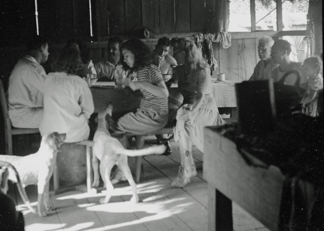 Eating at table inside cabin